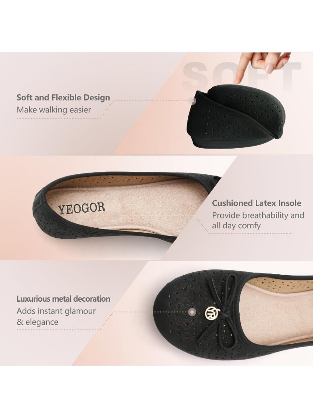 Women's Black Comfortable Slip On Round Toe Casual Pull On Ballet Flats - Picture 5 of 6